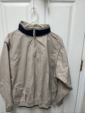 Men's Beige Windbreaker with Navy Stand Collar